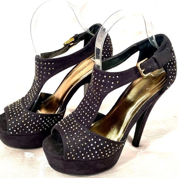 BLACK SUEDE ANKLE STRAP OPEN TOE 6” HEELS SIZE 8.5 - Picture 2 of 6